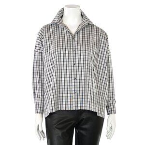 Eskandar Plaid Cotton Box-Cut Button Up Blouse in Black/Brown Multi sz 0